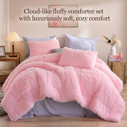 Fluffy Queen Comforter Set, Faux Fur Pink Comforter Set Queen Size, Luxury Fuzzy Bedding Set, Soft Shaggy Bed Set Pink for All Season, 3 Pieces - 1 Comforter & 2 Pillowcases