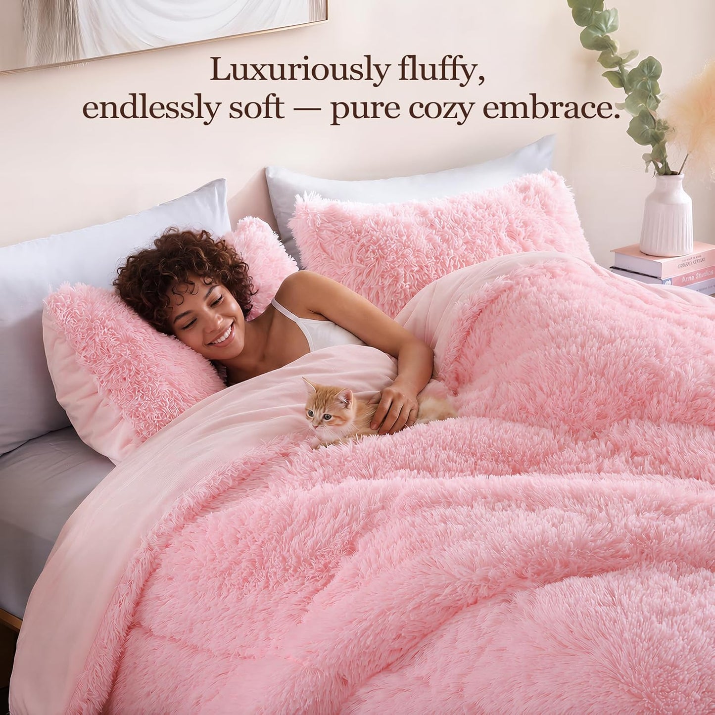 Fluffy Queen Comforter Set, Faux Fur Pink Comforter Set Queen Size, Luxury Fuzzy Bedding Set, Soft Shaggy Bed Set Pink for All Season, 3 Pieces - 1 Comforter & 2 Pillowcases
