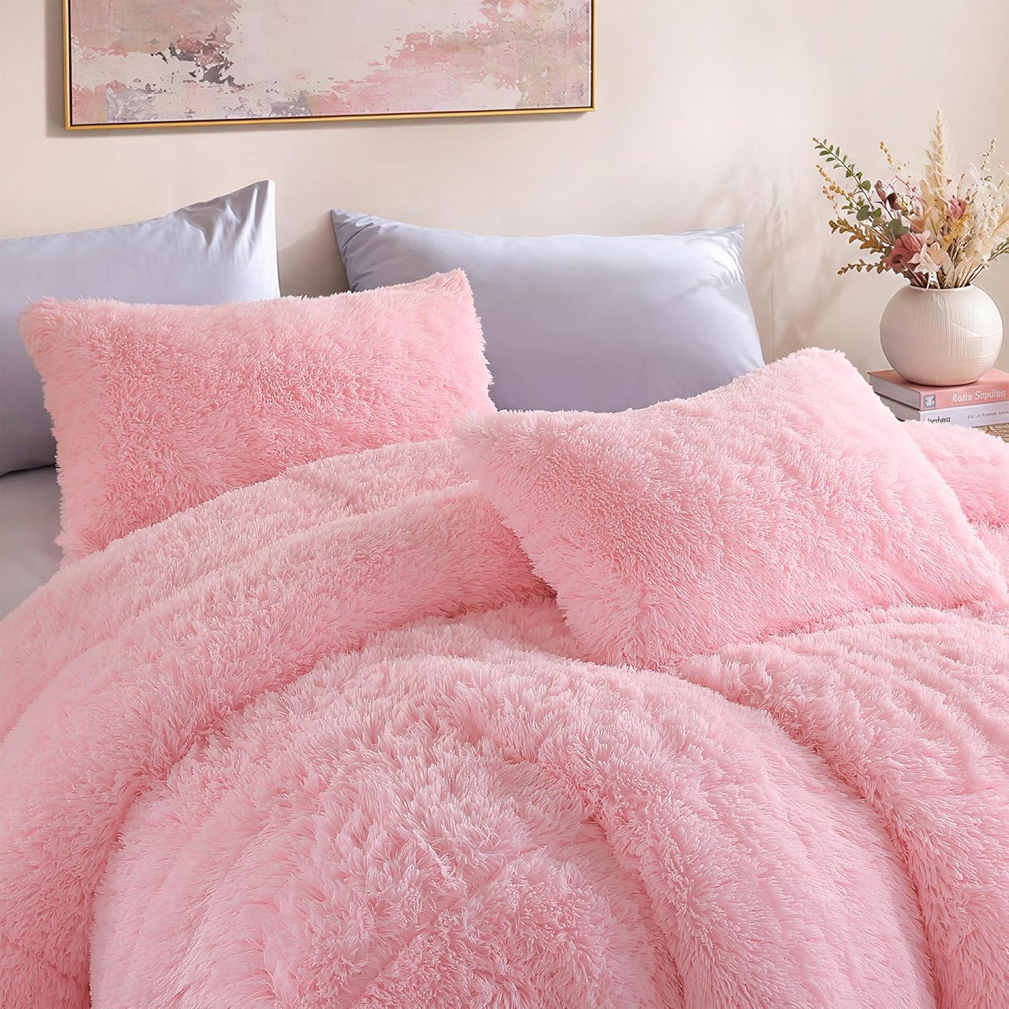 Fluffy Queen Comforter Set, Faux Fur Pink Comforter Set Queen Size, Luxury Fuzzy Bedding Set, Soft Shaggy Bed Set Pink for All Season, 3 Pieces - 1 Comforter & 2 Pillowcases