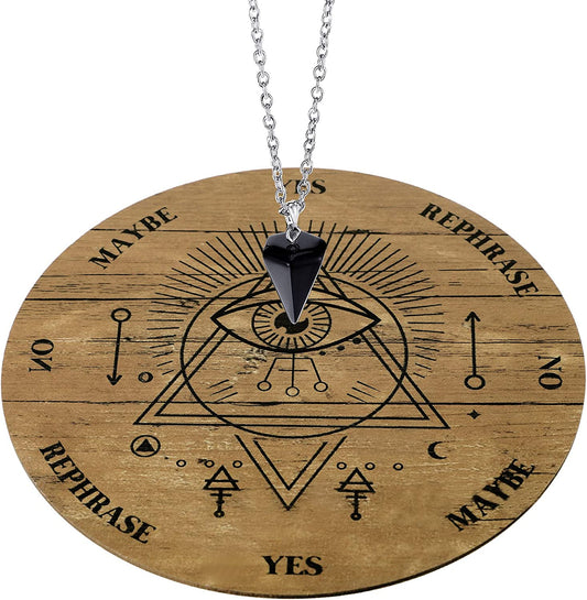 Pendulum Board Set Wooden Dowsing Divination Board Metaphysical Message with Crystal Divinity Pendulum Necklace for Witchcraft Wiccan Wand Altar Supplies, 3.9 Inch(Wood Color)